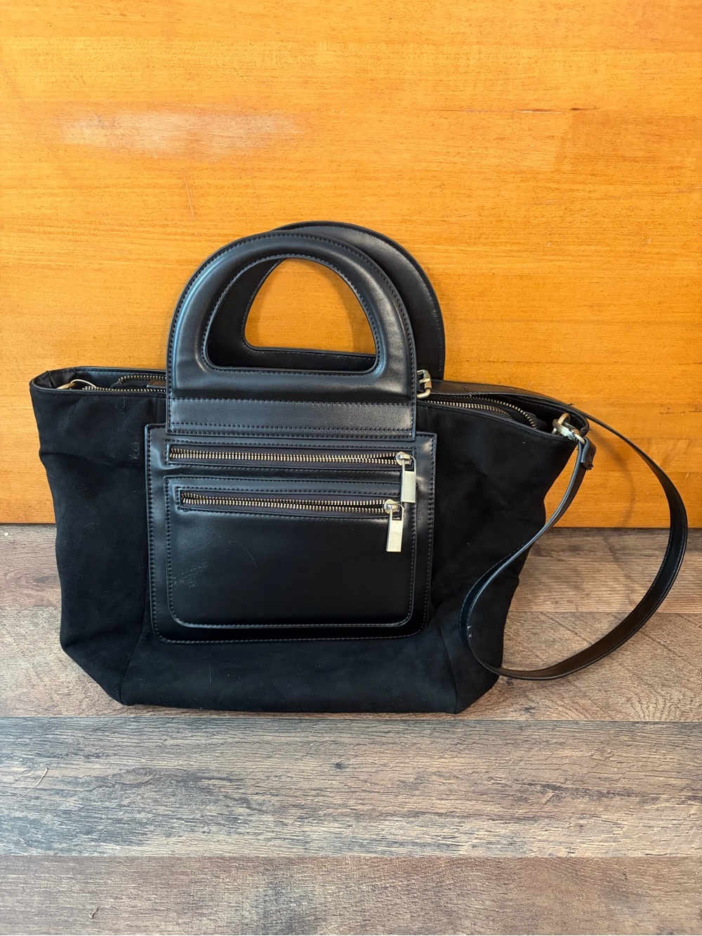 Anthropologie Black Suede & Leather Tote with Top Handles and Crossbody Strap